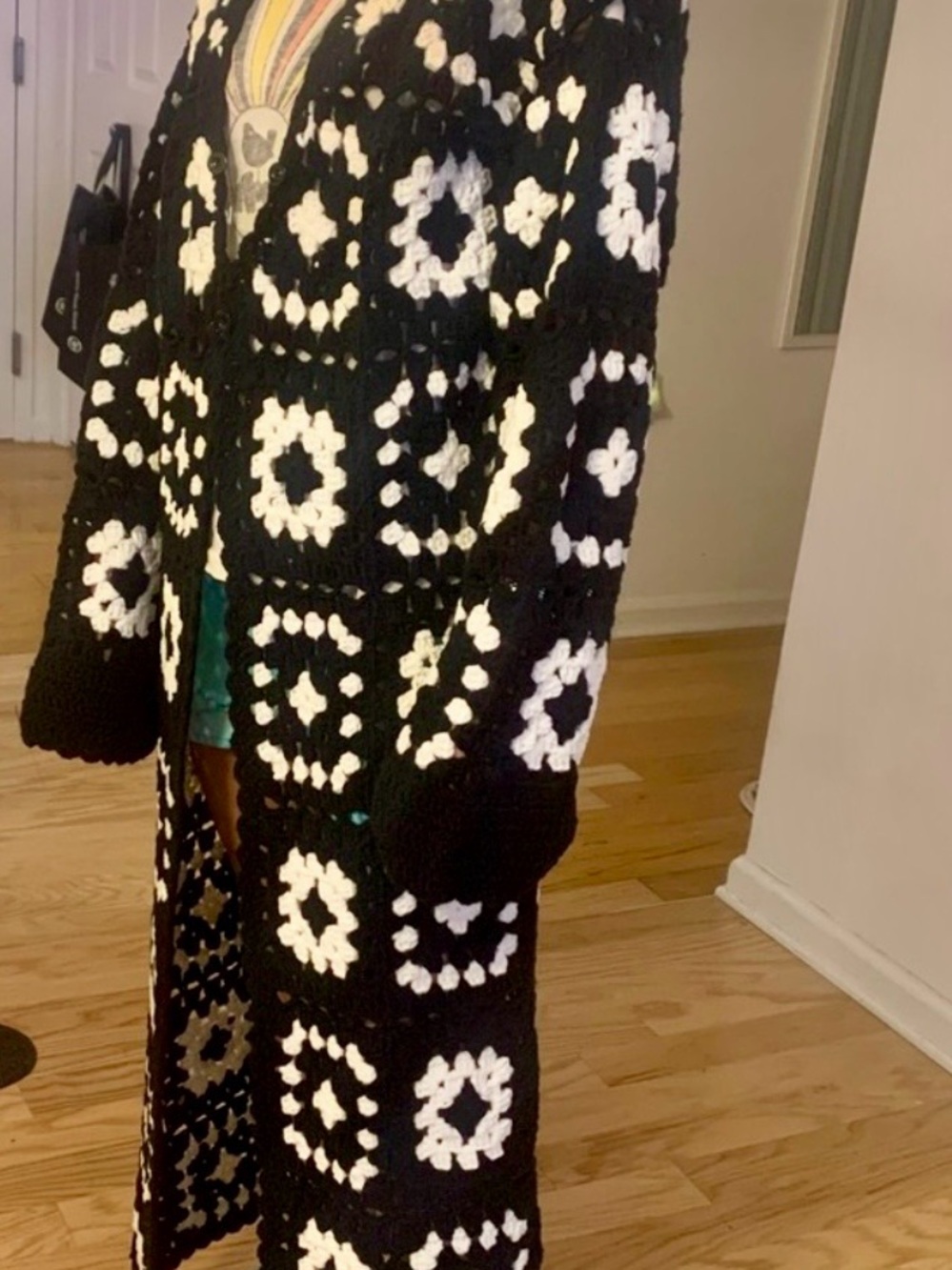 AKIRA Black & White Crochet Maxi Coat